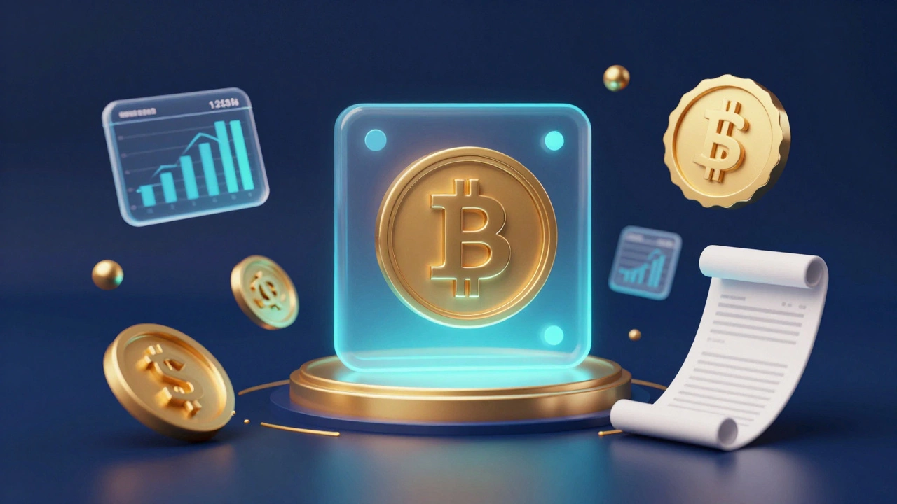 3D render of digital ledgers, stock tickers, and patent symbols representing non-property assets.