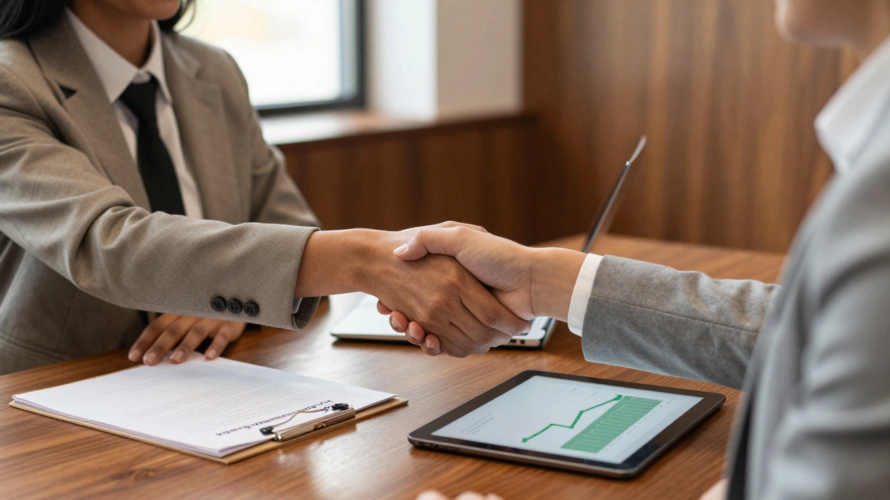 A business owner and a local banker shaking hands in a professional office setting.