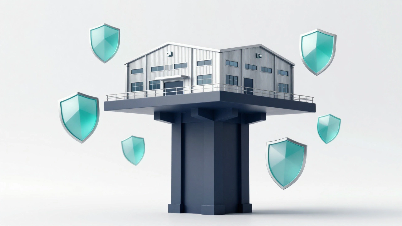 A conceptual 3D render of a warehouse supported by a strong pillar for financial stability.