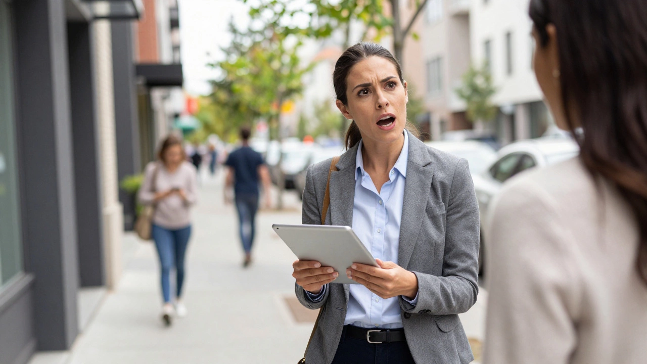 A determined real estate agent prospecting and talking to a client on a city street.