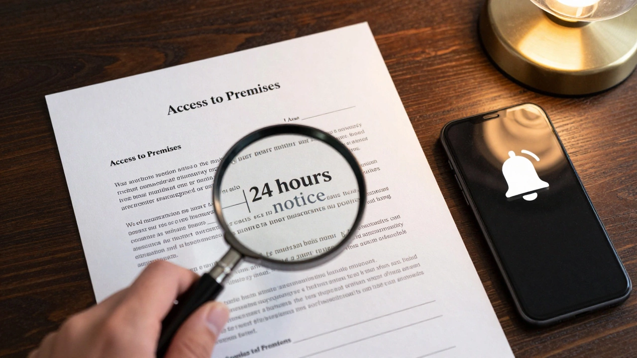 A magnifying glass highlighting the notice period in a signed lease agreement.