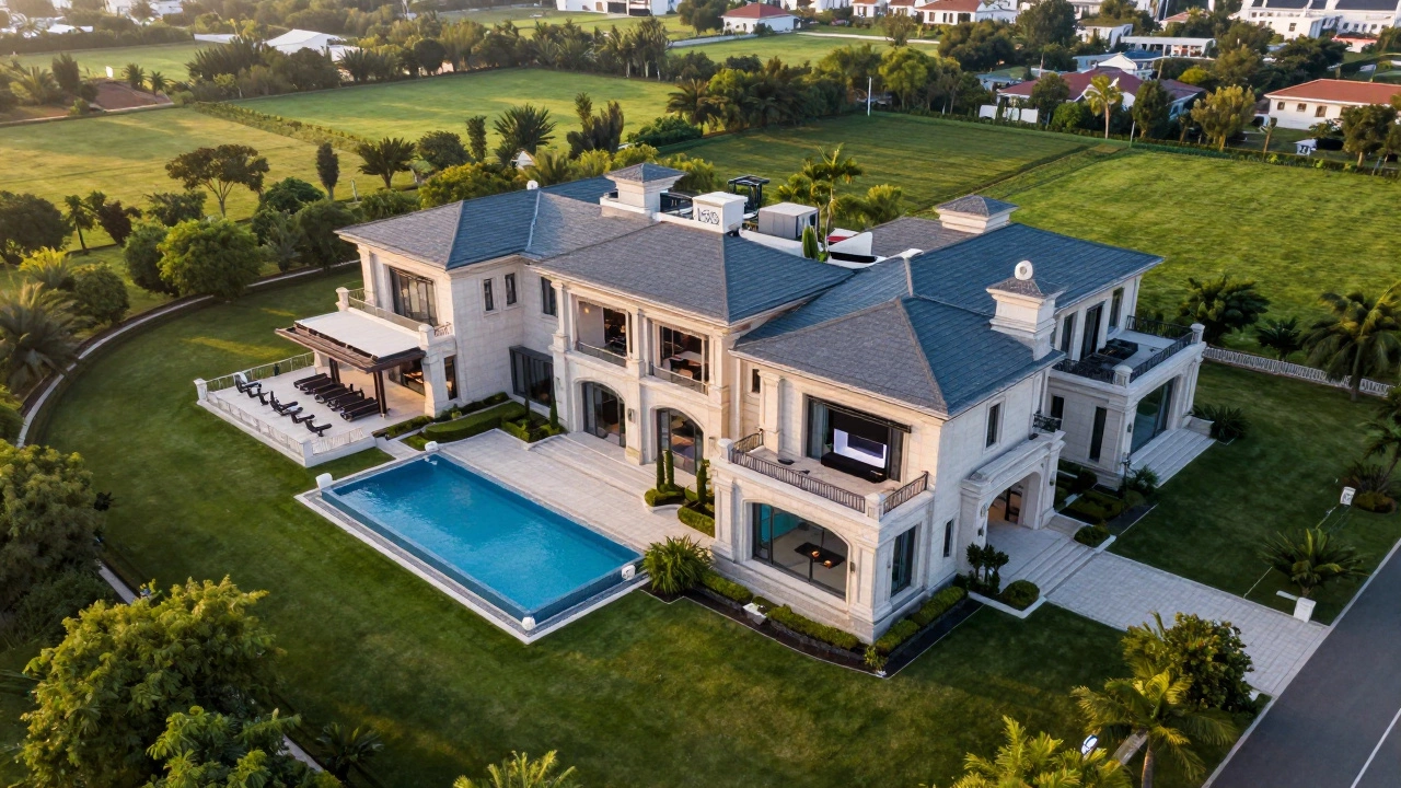Aerial view of a massive luxury estate villa with swimming pool and sprawling gardens
