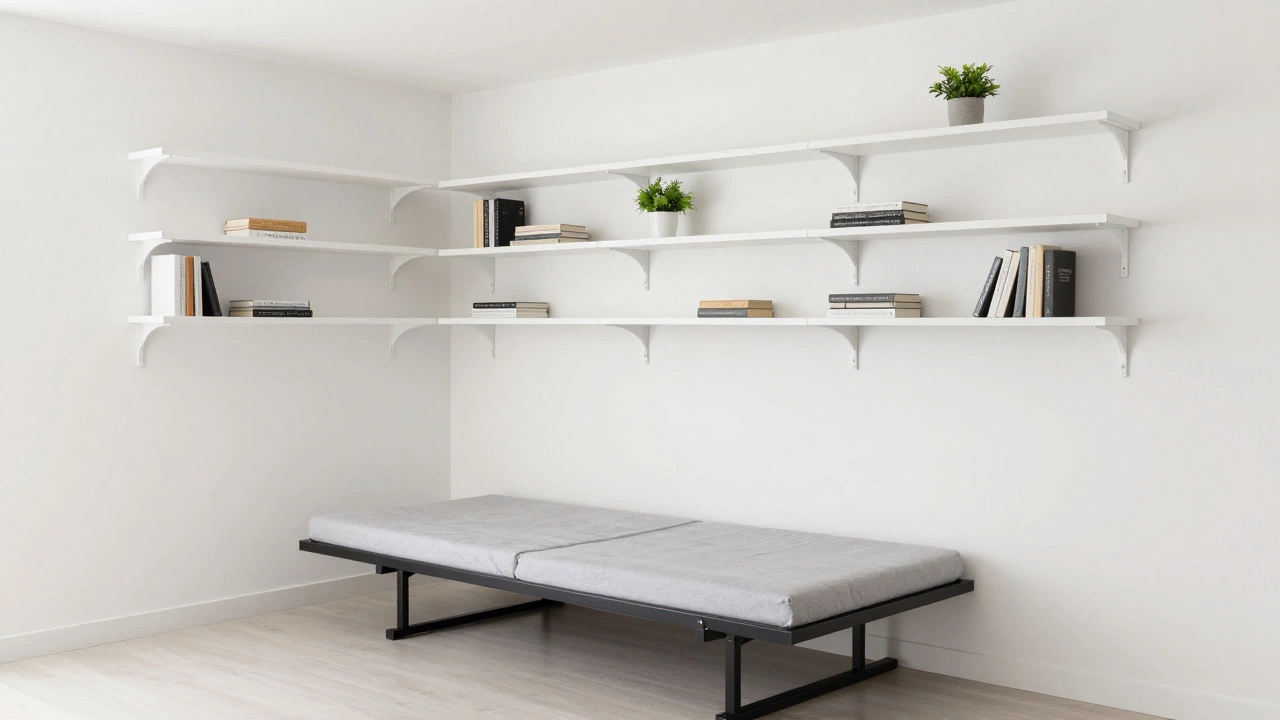High white floating shelves and a minimalist bed in a clutter-free small apartment