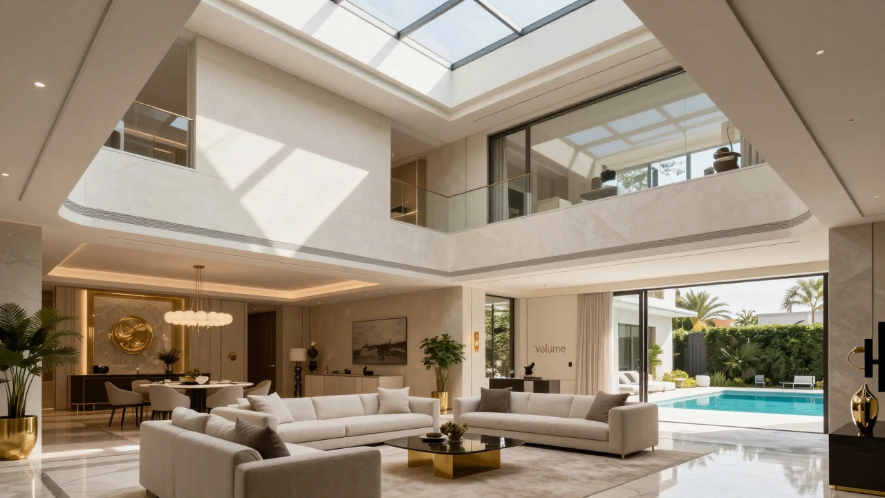 Luxury villa living room with double-height ceilings and bright natural light