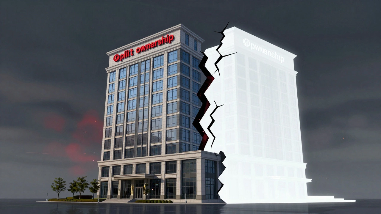 Surreal illustration of a divided building symbolizing the split between physical and intangible ownership.