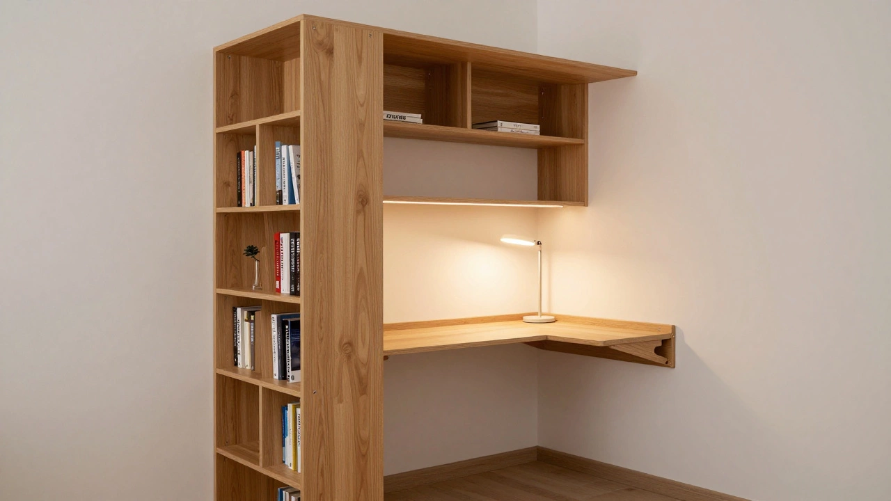 Wooden bookshelf room divider separating a bed from a wall-mounted fold-down desk