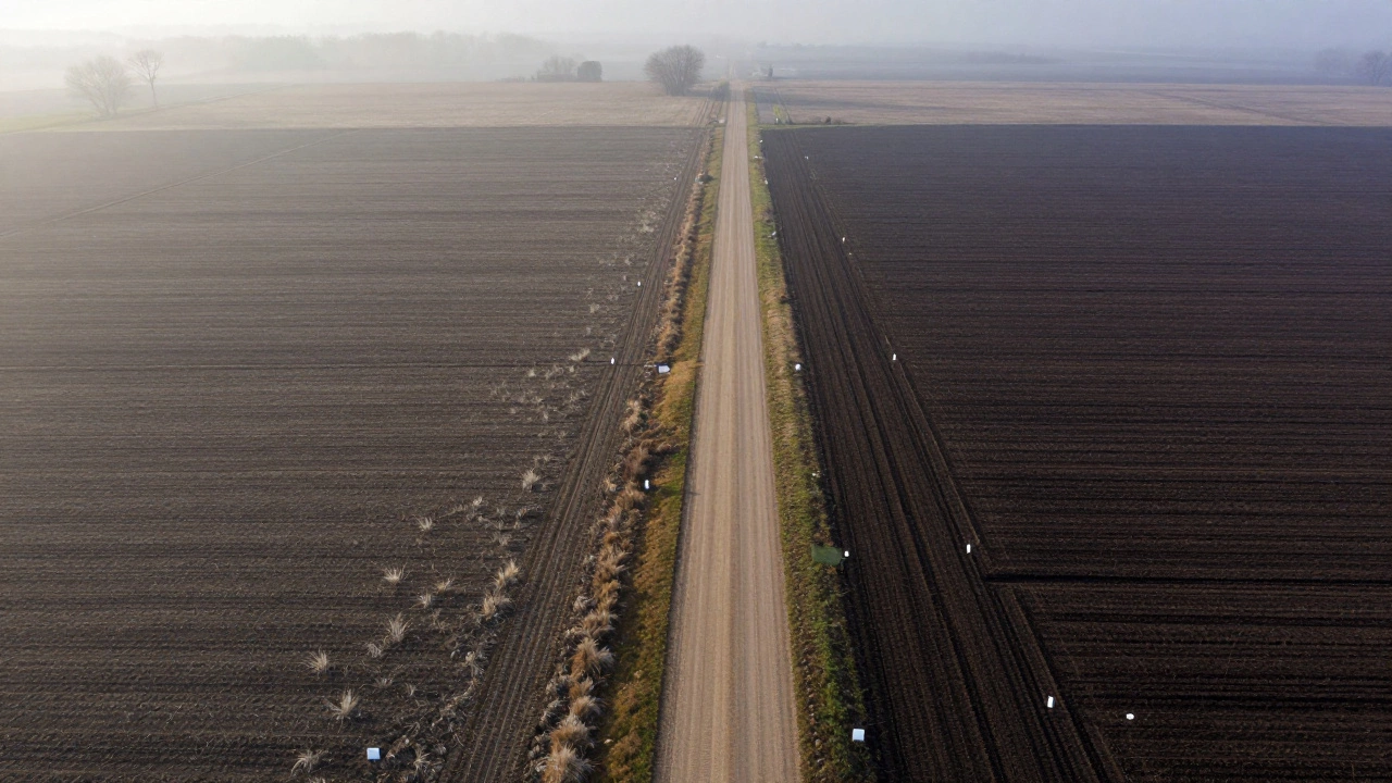 Aerial view of empty rural land parcels with dirt roads and survey markers in morning mist.