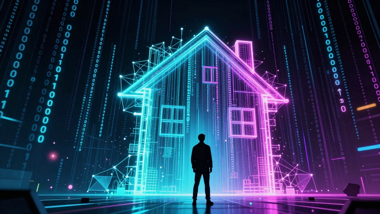 AI data stream forming a house structure in neon colors