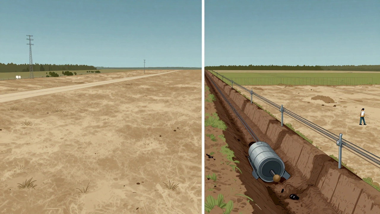 Conceptual split image showing raw land versus hidden development costs like septic and power lines.