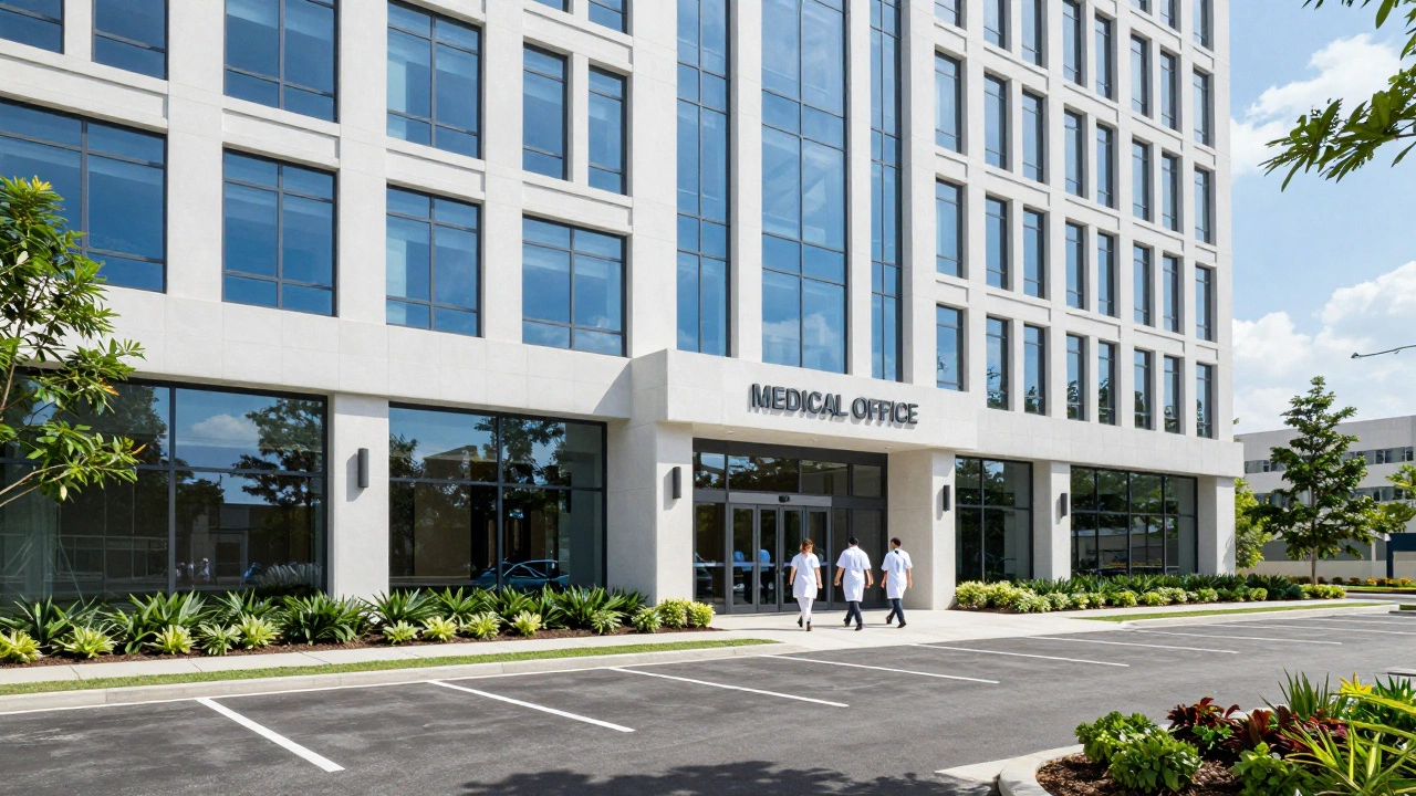 Contemporary medical office building with professionals entering the lobby