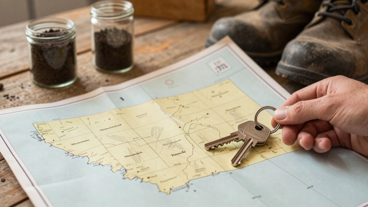 Hand holding Montana map with keys and boots, symbolizing affordable land search.