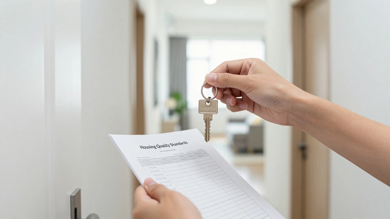 Hand receiving apartment keys with an inspection checklist nearby