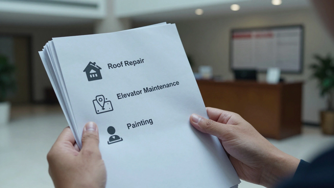 Hands holding maintenance bills with an apartment lobby in the background