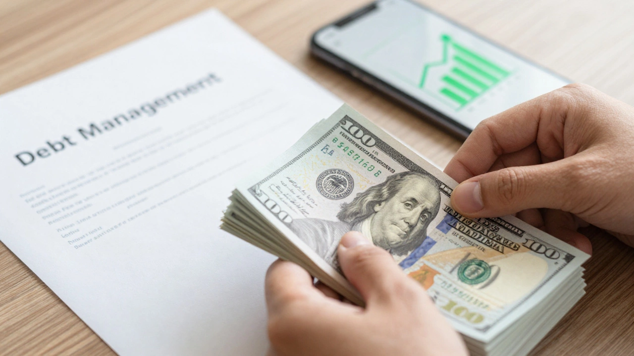 Hands organizing cash and documents with a phone showing a growth graph in background