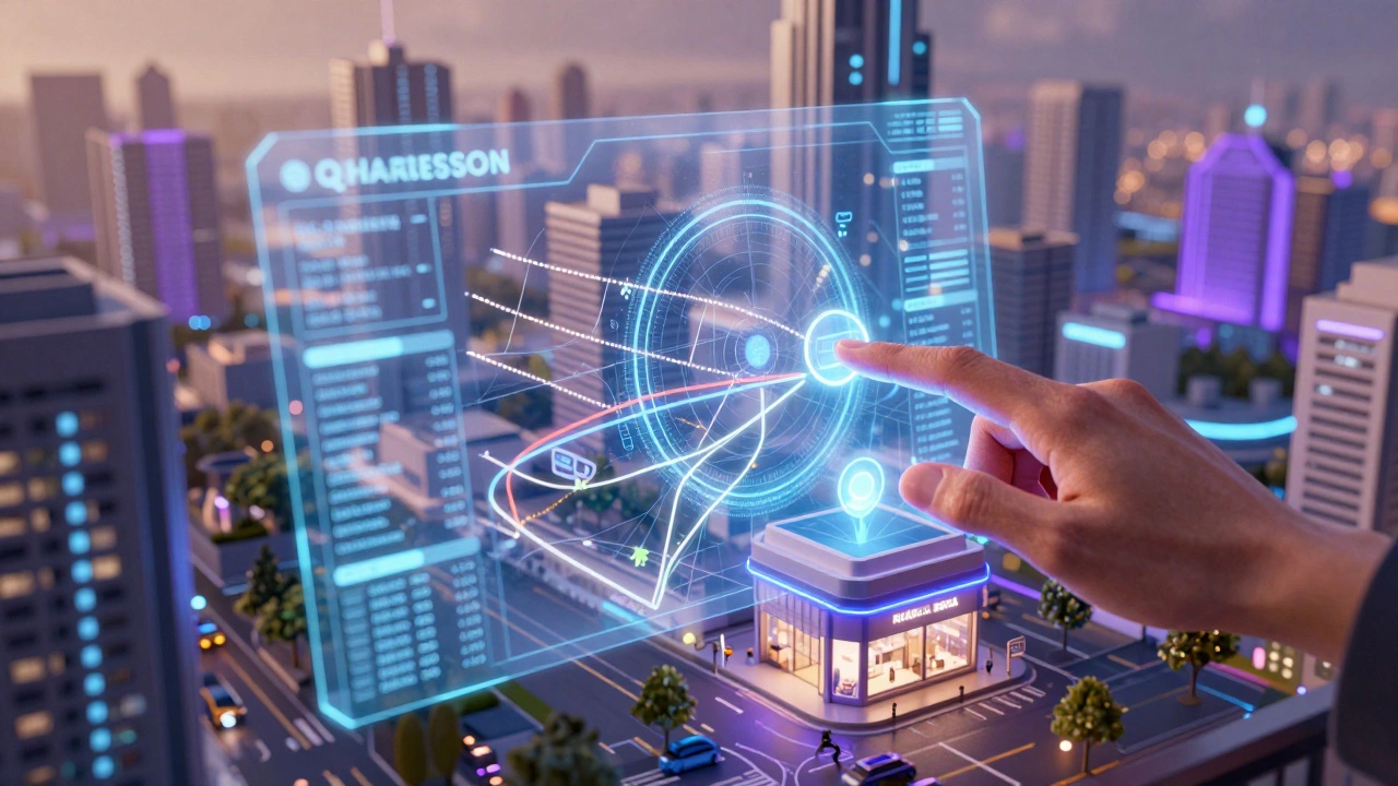 Holographic data overlays on a city street illustrating site selection analytics.