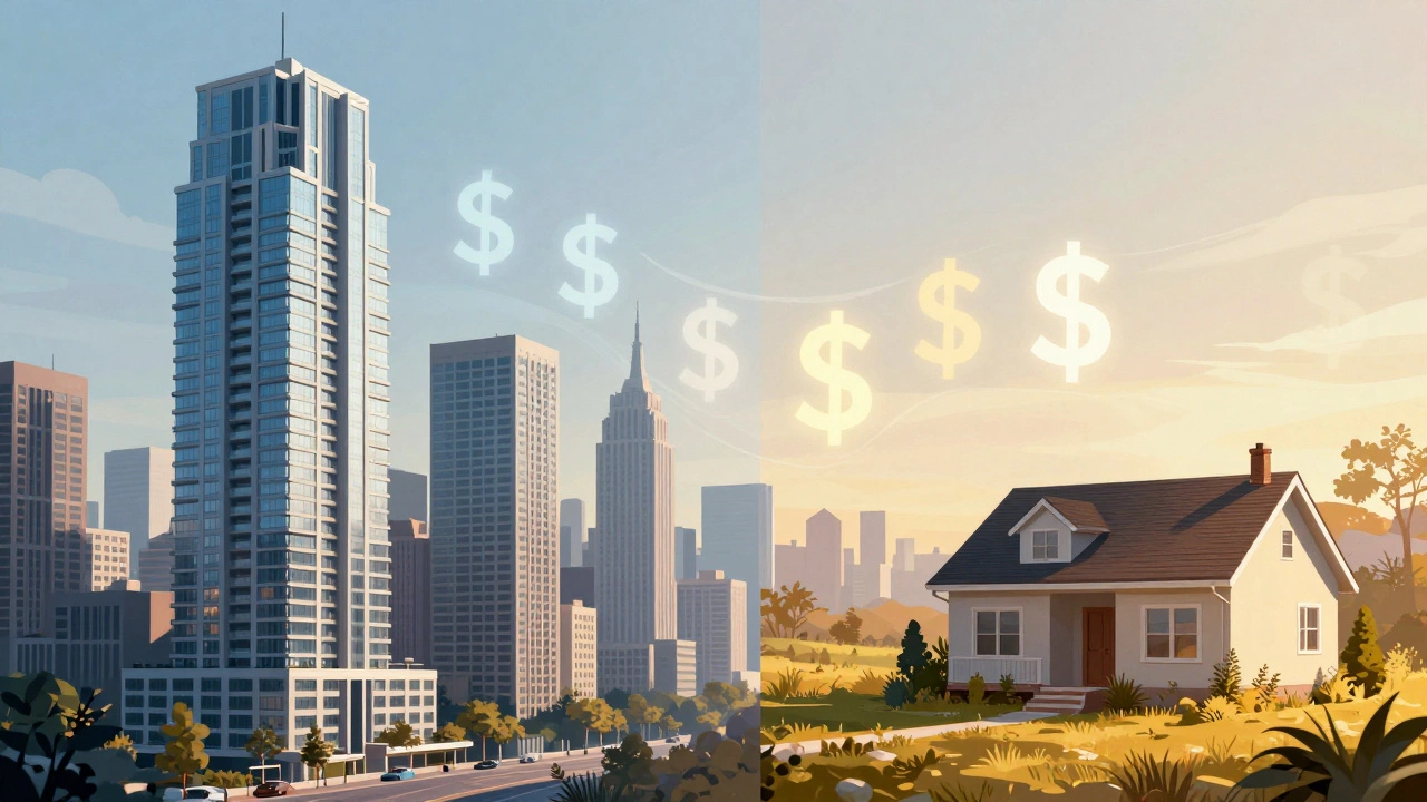 Illustration comparing urban high-rises and rural homes with cost symbols