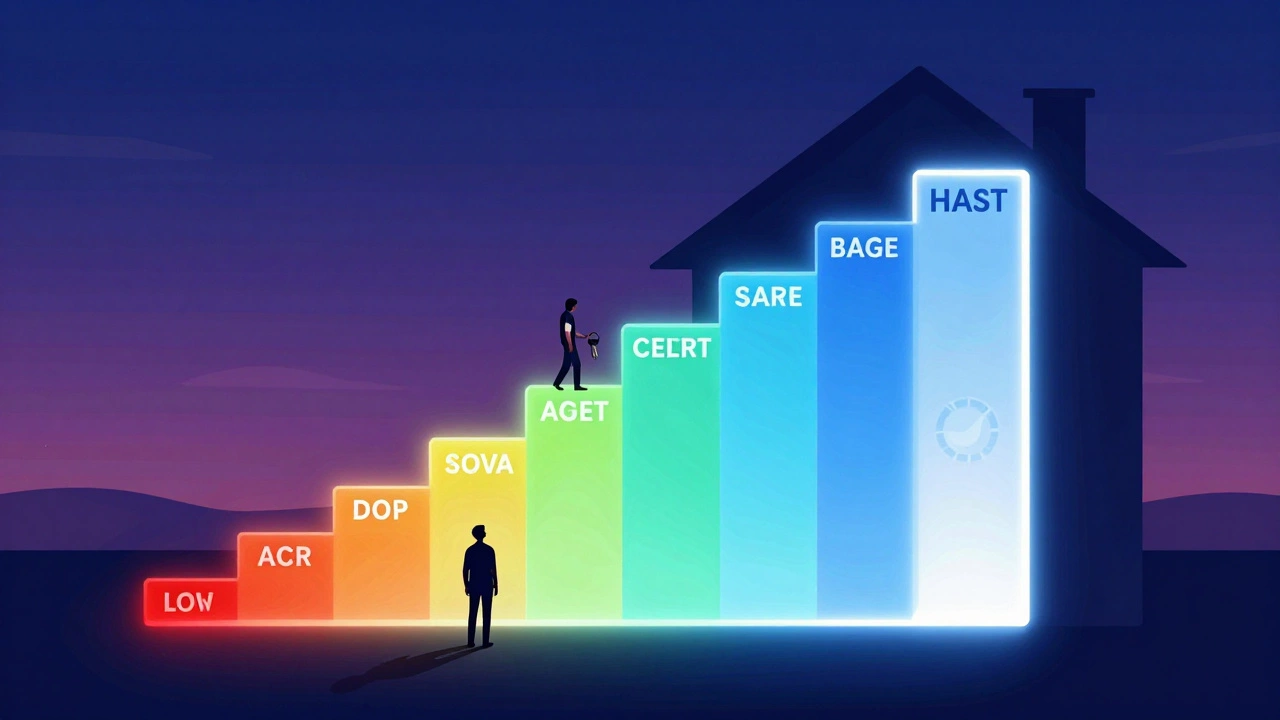 Illustration of a glowing staircase leading to a house, symbolizing credit score improvement