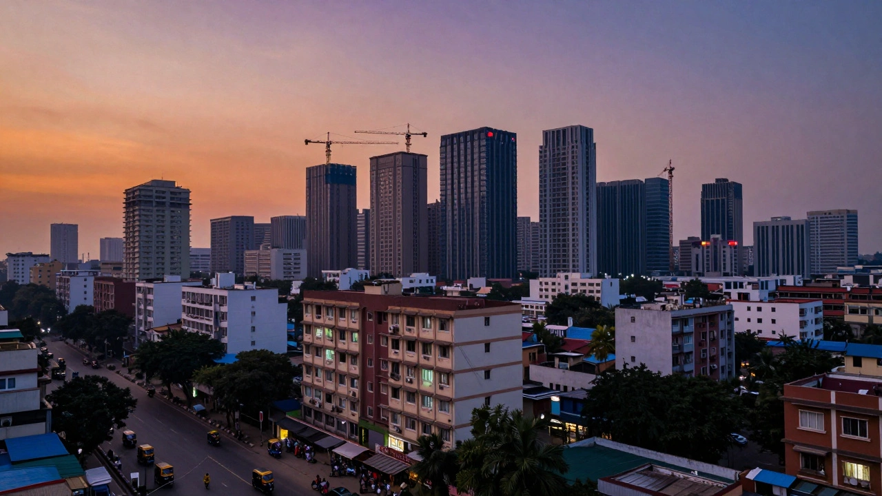 Indian city skyline at dusk with mixed residential buildings and cranes