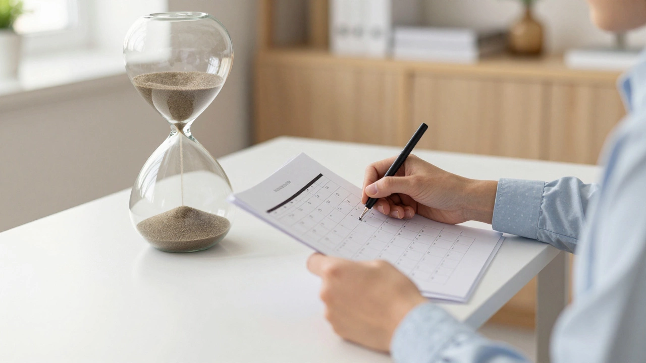 Person organizing documents while an hourglass symbolizes the wait time