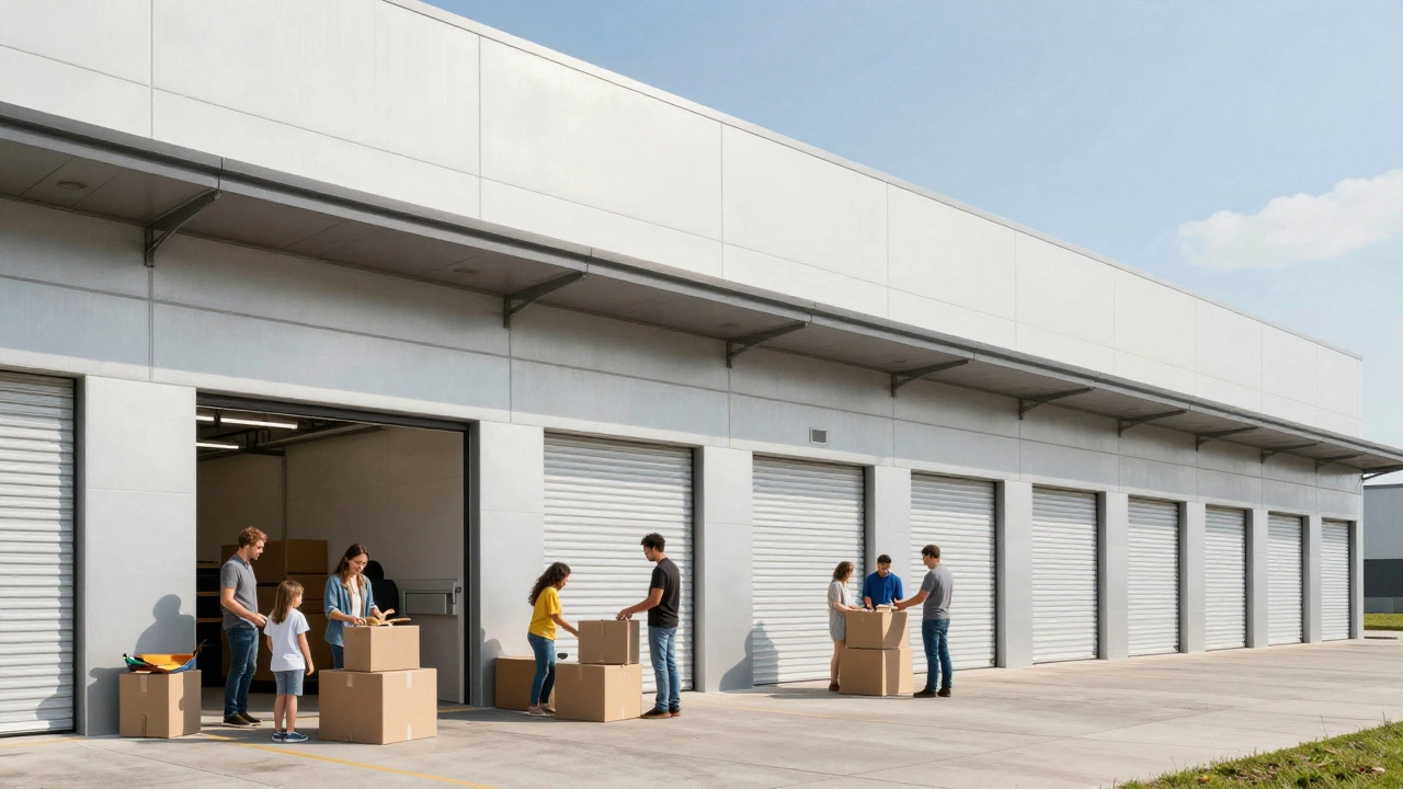 Sleek self-storage facility with customers moving boxes in bright daylight