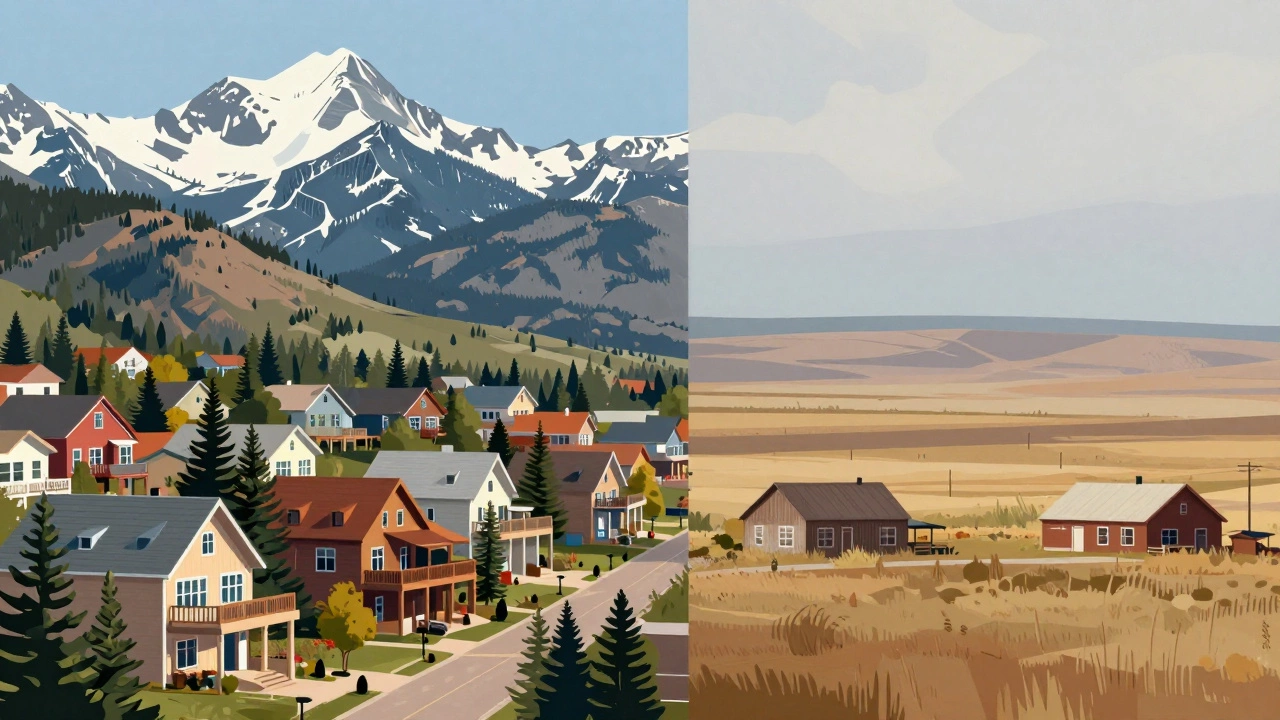 Split image contrasting expensive mountain towns with cheap eastern plains in Montana.