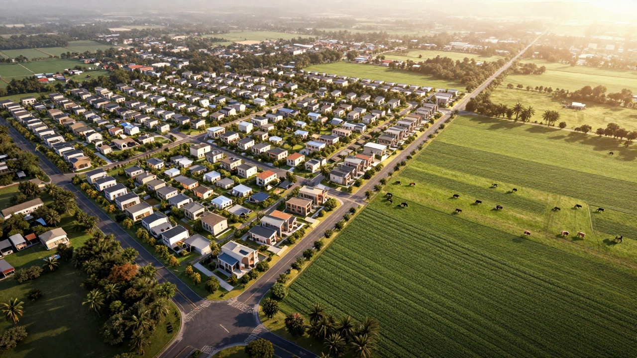 Split view of housing development vs agriculture on 100 acres