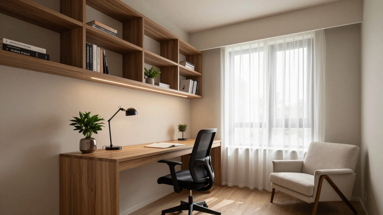 A functional home office setup in a second bedroom with vertical storage and warm lighting.
