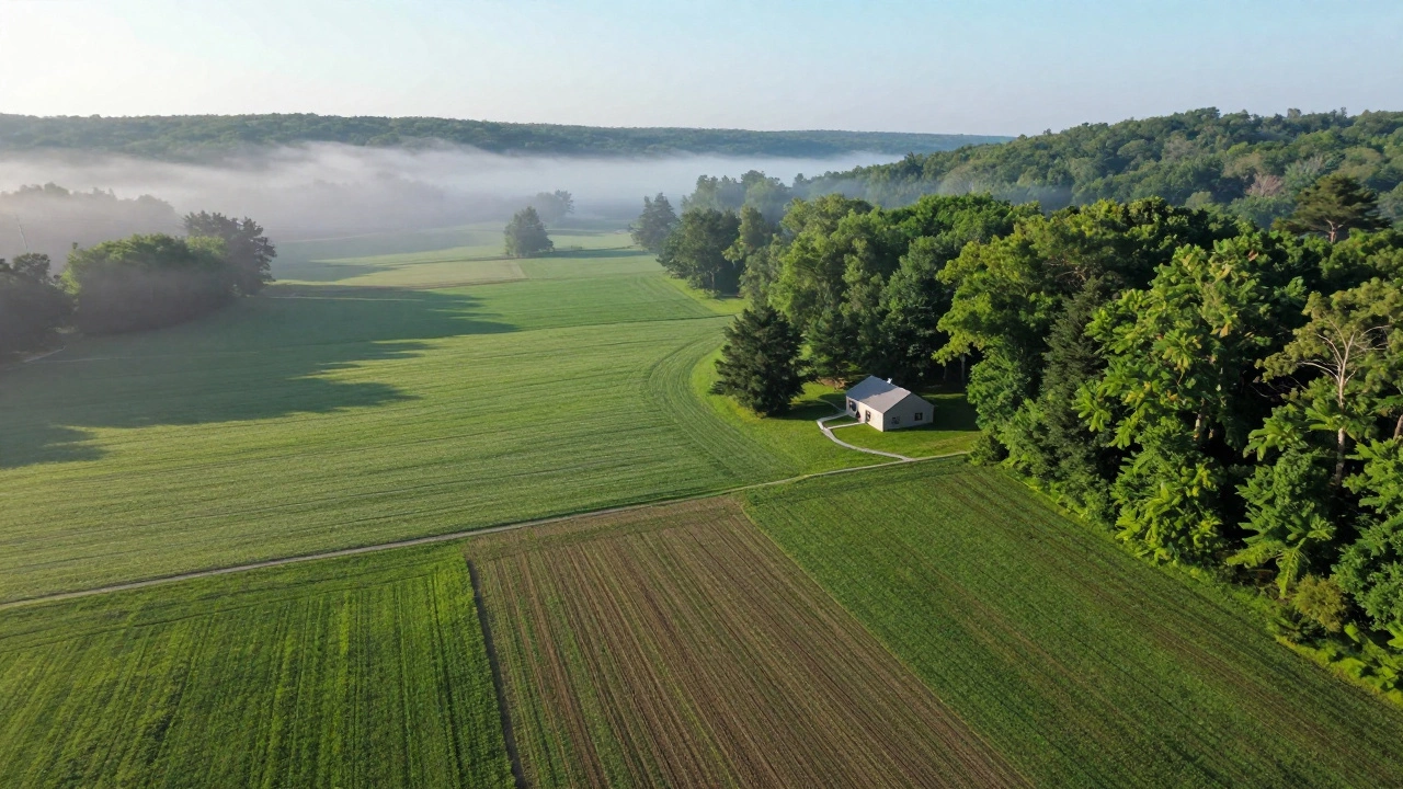 Aerial view of lush, affordable farmland with a small cabin in a misty valley.