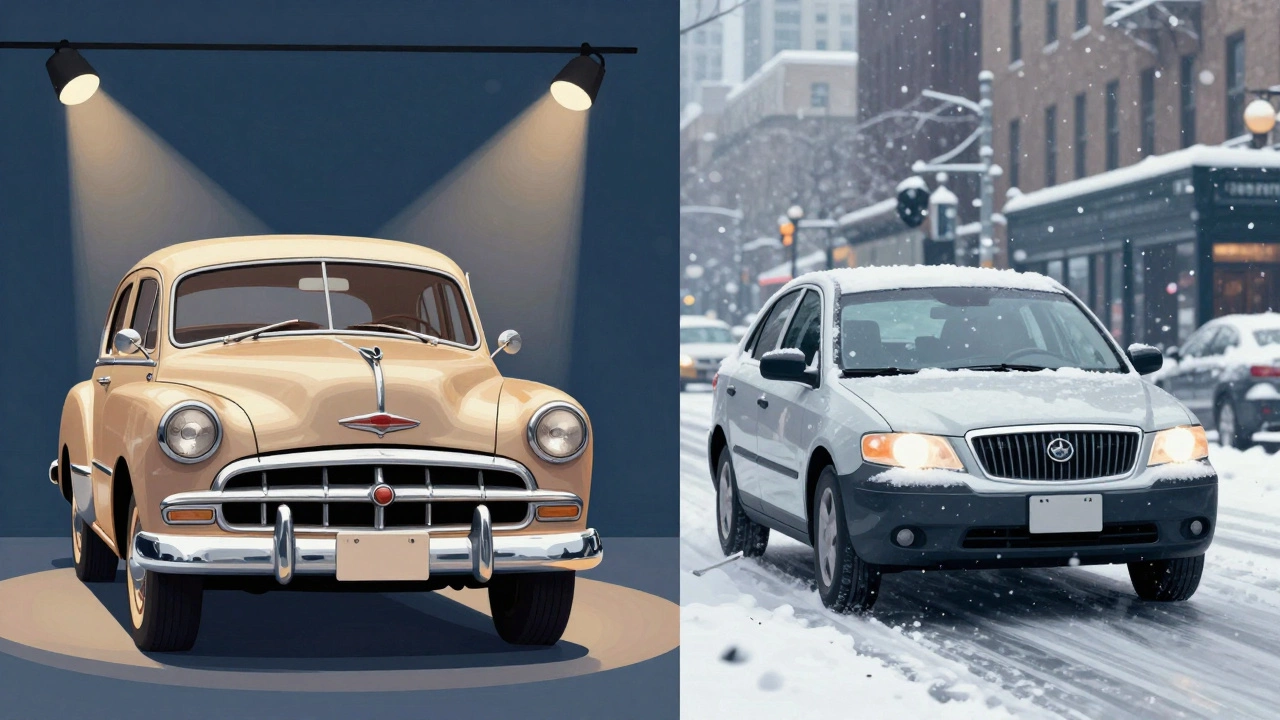 Antique car vs modern car illustrating NY license plate exemptions