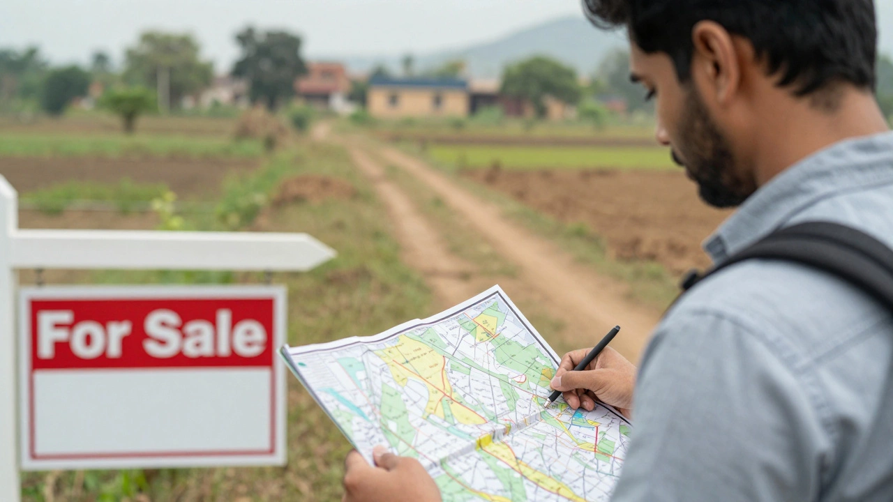 Buyer examining land boundaries and survey map