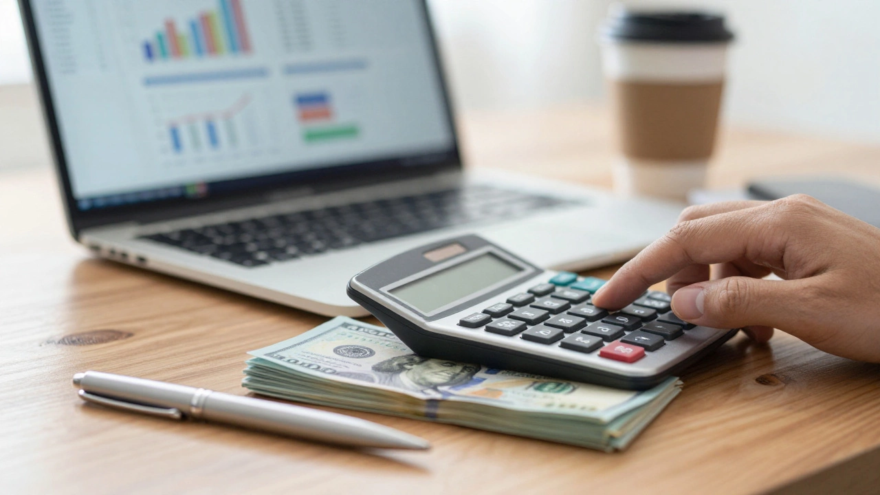Close-up of a calculator and cash on a desk symbolizing advertising budget analysis