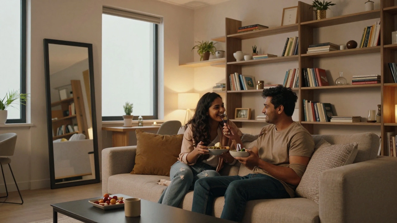 Couple relaxing in a bright, efficiently stored small apartment living room.