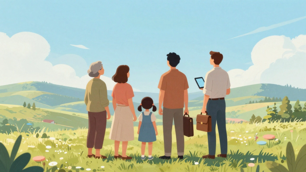 Diverse group looking at serene Southern landscape with hope