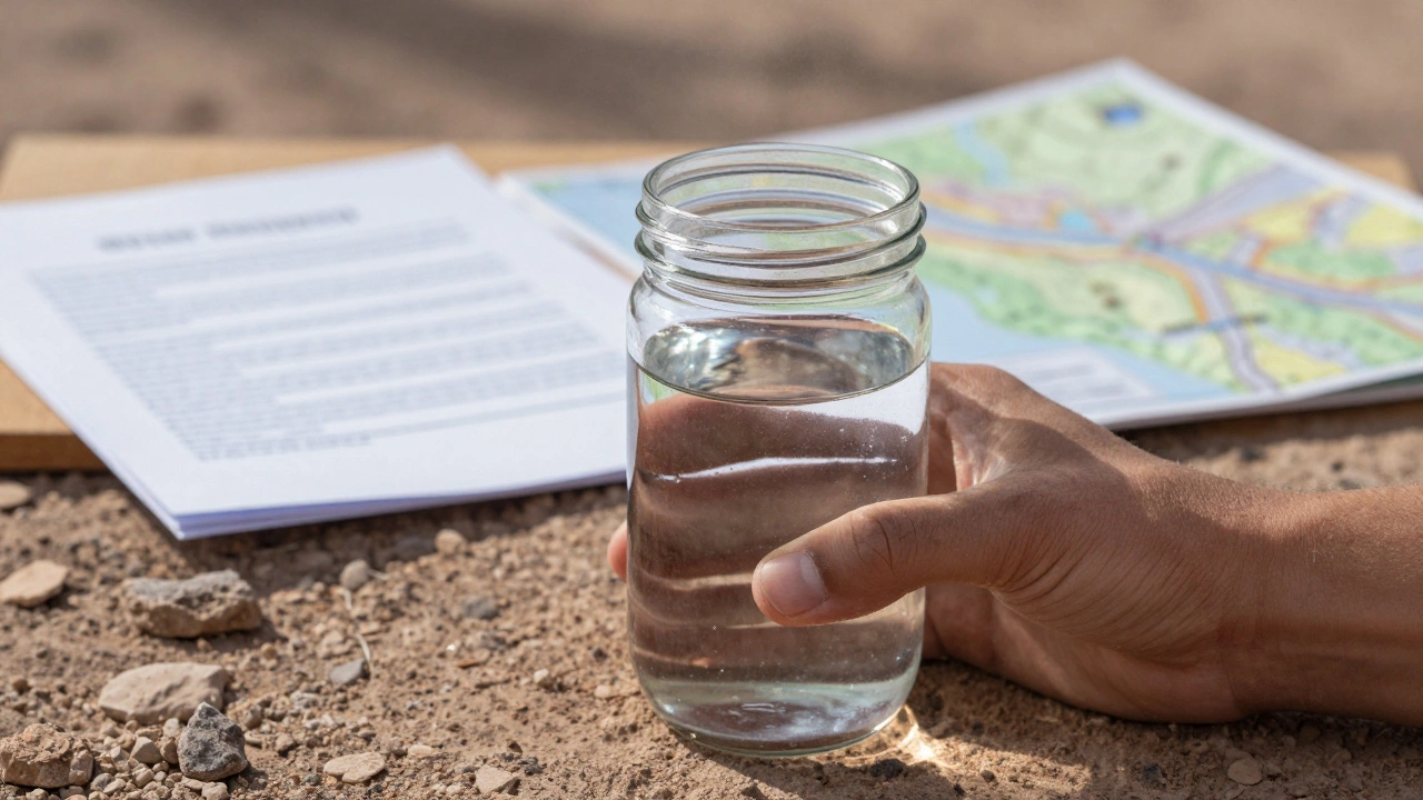 Hand holding water jar on rocky soil with blurred maps, symbolizing water rights.