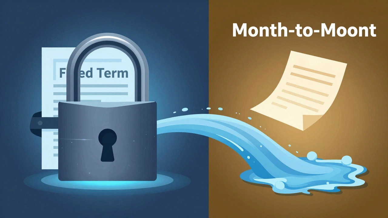 Illustration contrasting fixed-term lock with month-to-month flow