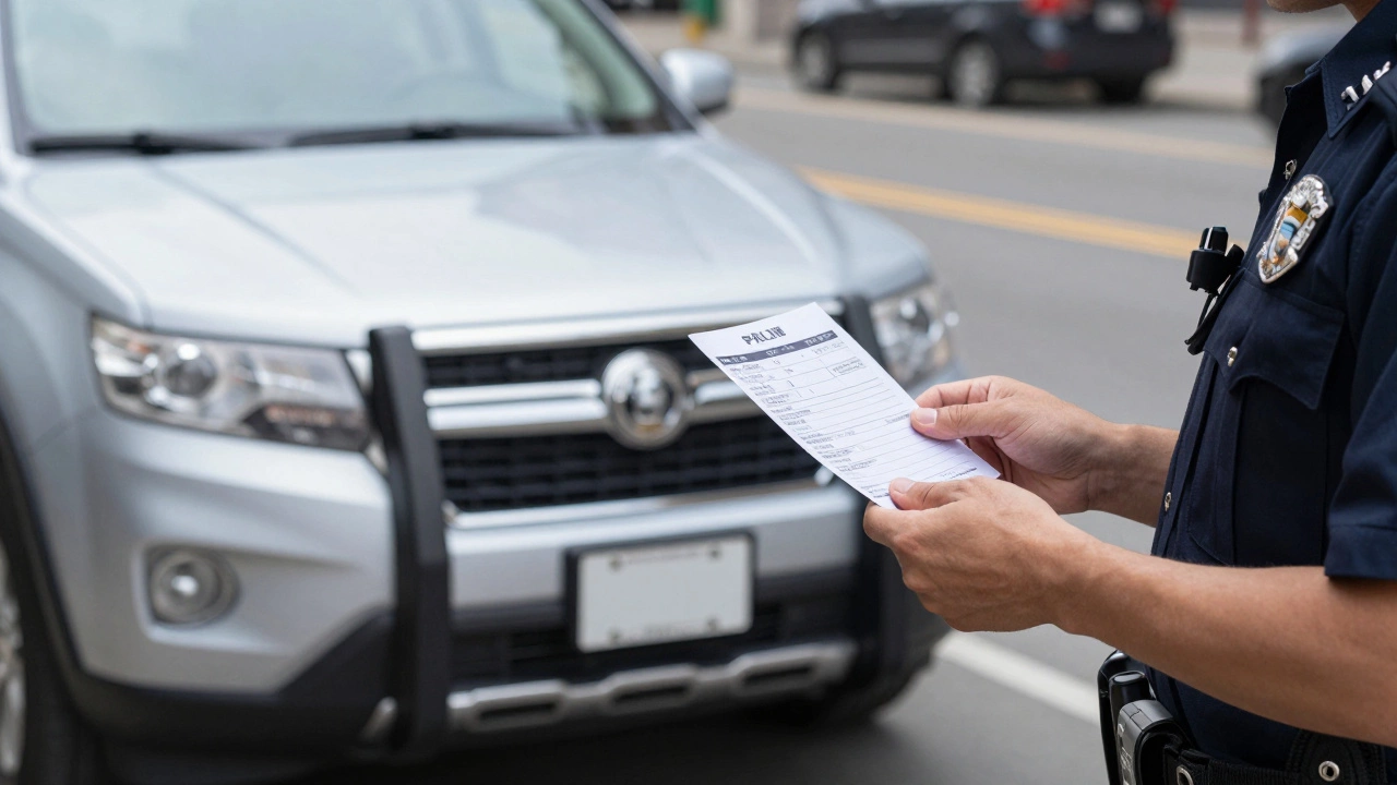 Police officer issuing ticket for missing front license plate on SUV