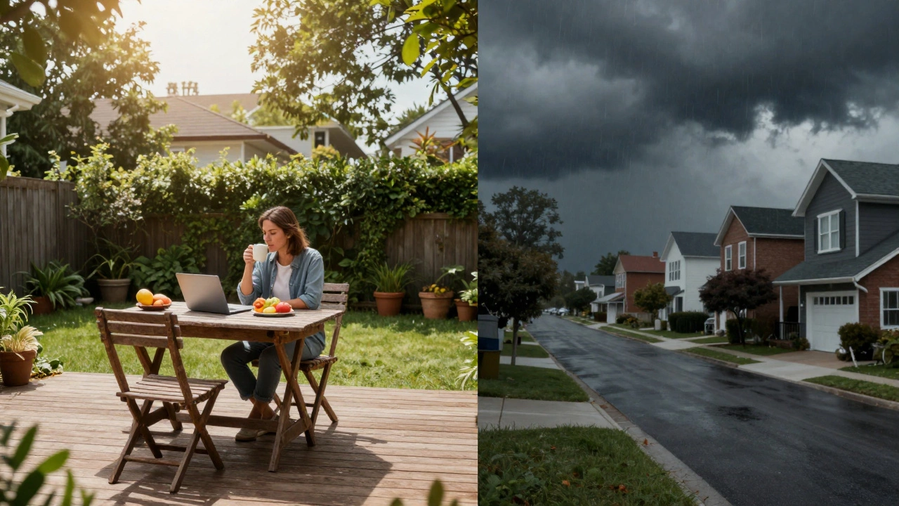 Remote worker on deck vs stormy sky showing cost of living trade-offs