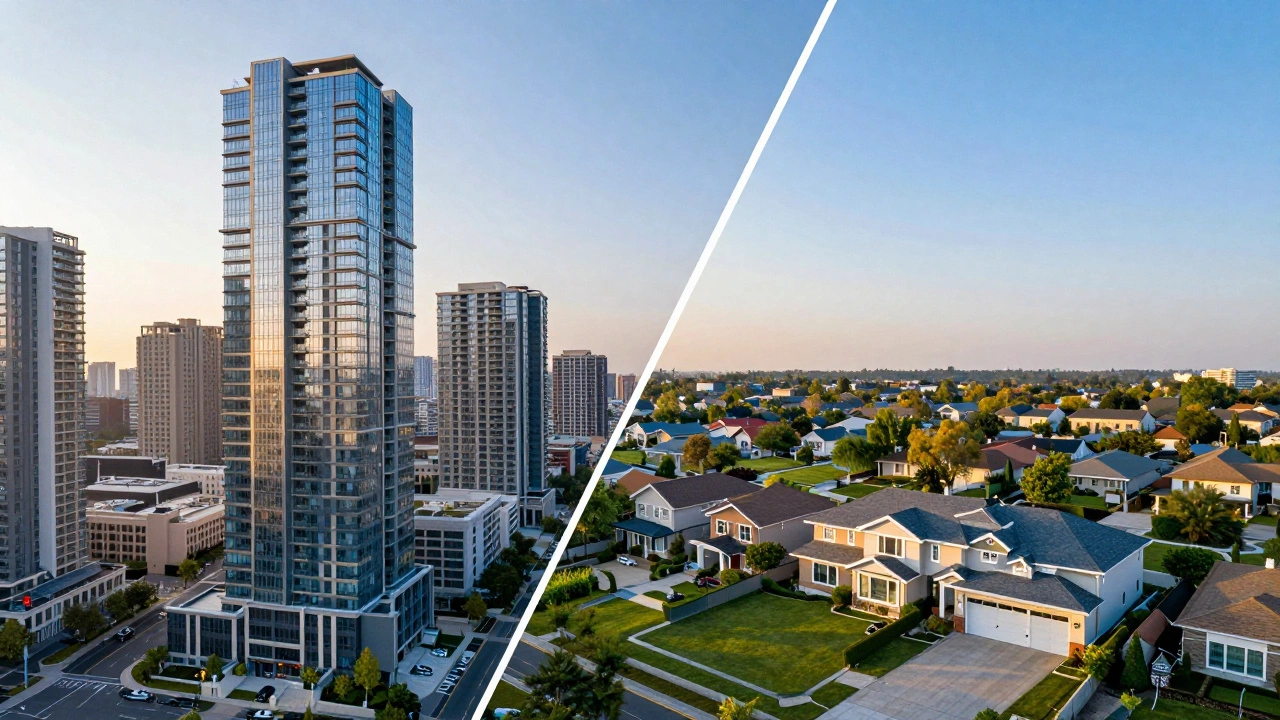 Split view contrasting a city high-rise apartment with a suburban family home exterior.
