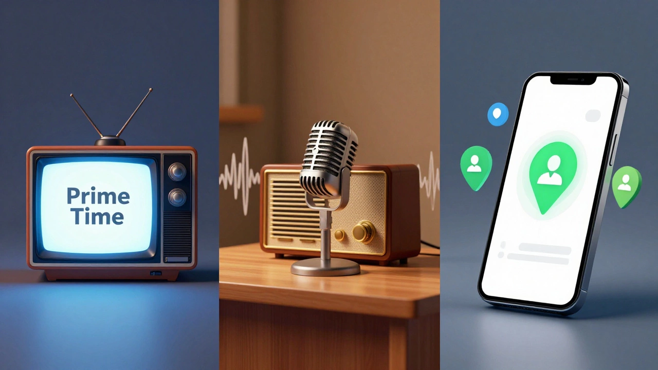 Split view illustrating TV, radio, and digital advertising media channels conceptually