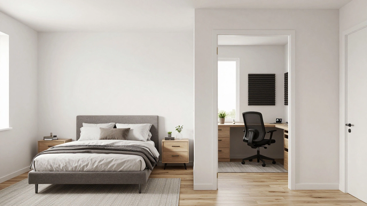 Split view of a bedroom and home office in a small apartment layout.