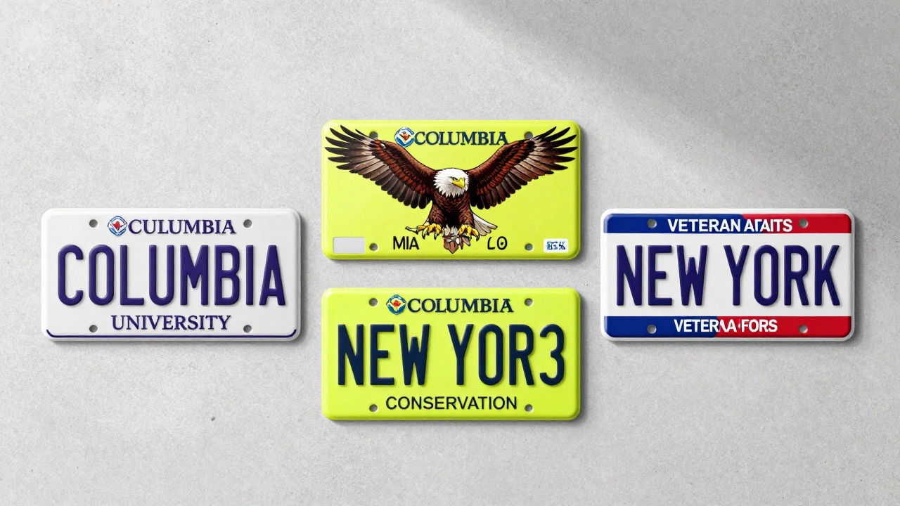 Three NY specialty license plates: university, wildlife, and veterans designs
