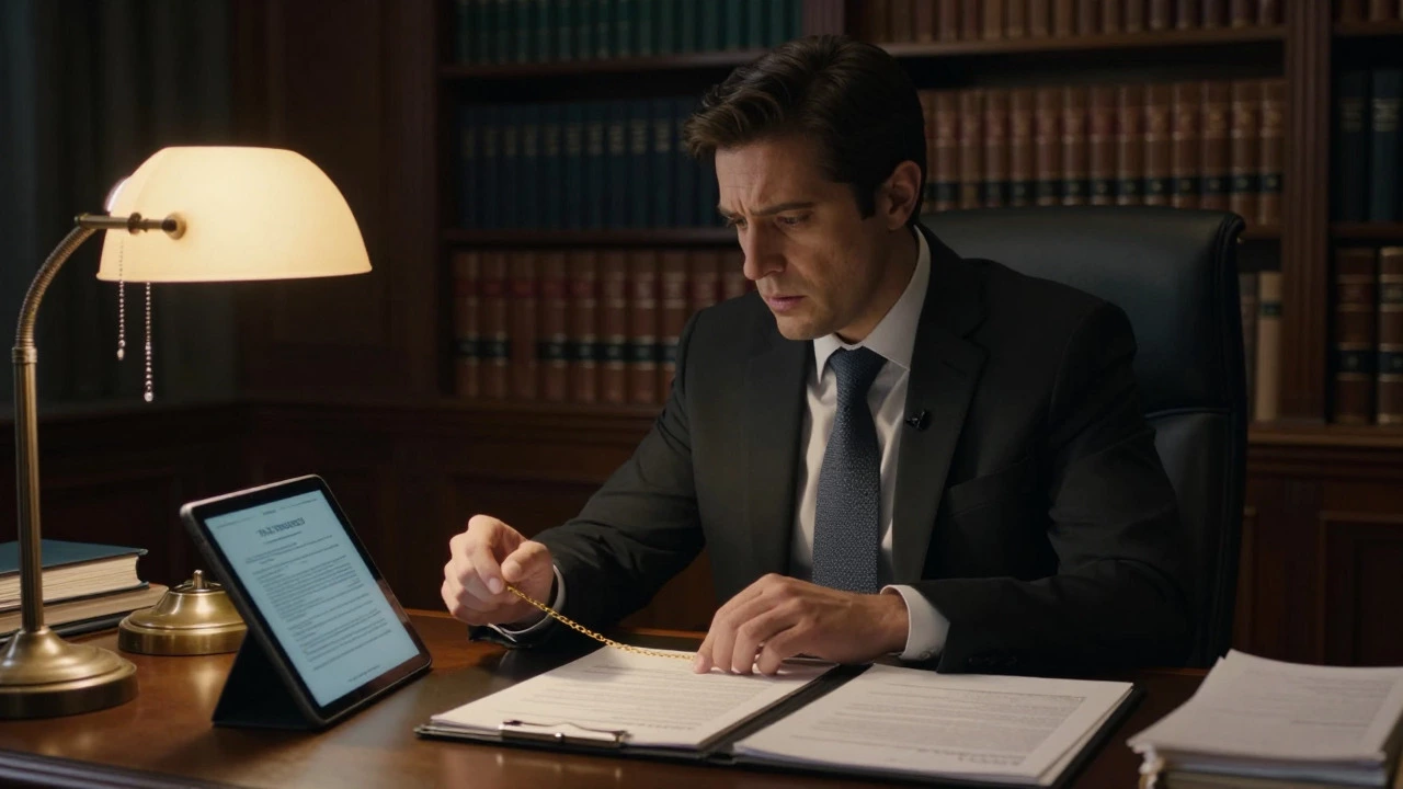 Attorney reviewing title documents and legal records in an office