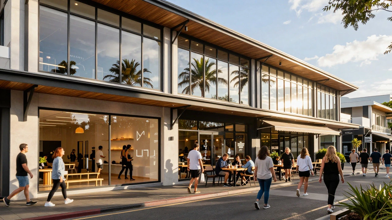 Busy urban retail street with cafes and fitness studios