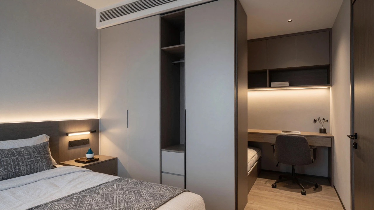 Compact bedrooms with sliding doors and vertical storage in a micro-flat
