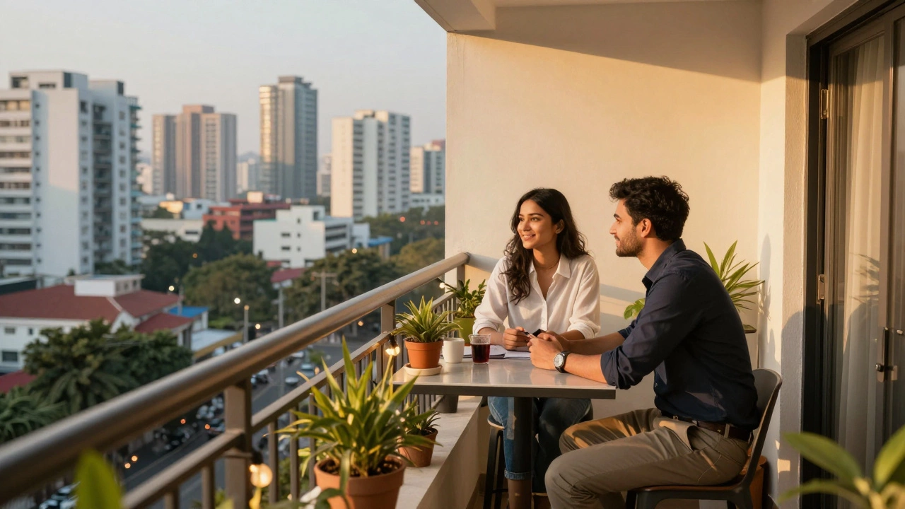 Couple relaxing on a balcony overlooking a dense urban cityscape
