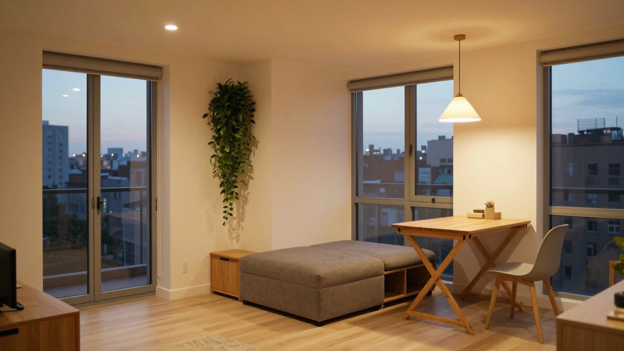 Cozy evening view of a multi-functional 600 sq ft apartment interior