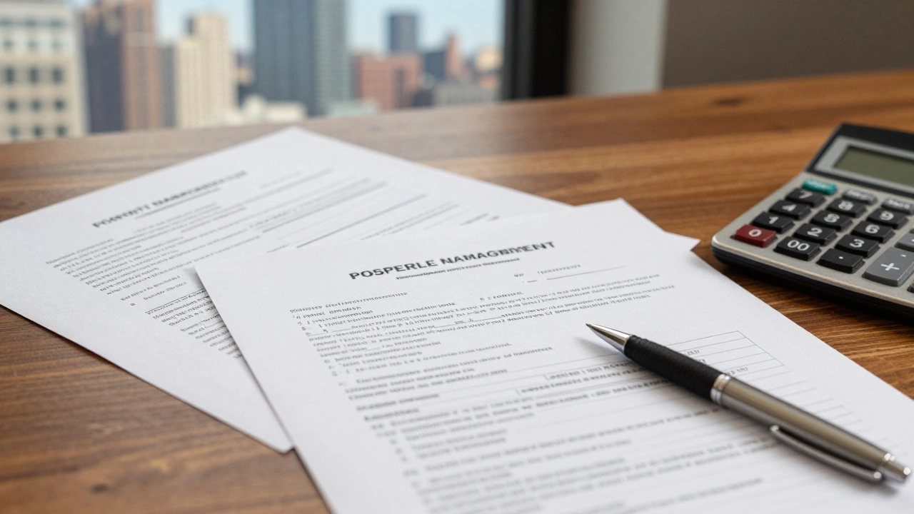Desk with property management forms, calculator, and pen, illustrating rental fee budgeting.