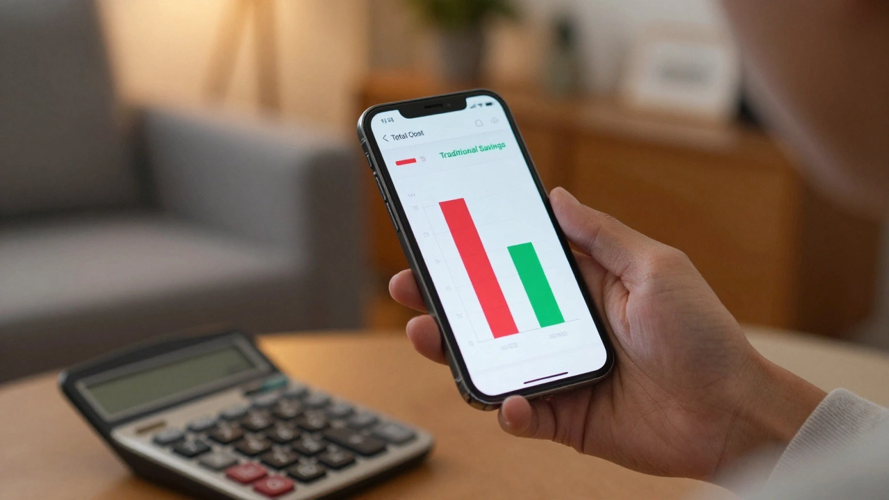 Hands using calculator and phone to compare housing costs at home
