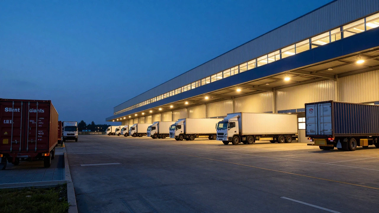 Industrial warehouse with trucks at loading docks under twilight sky