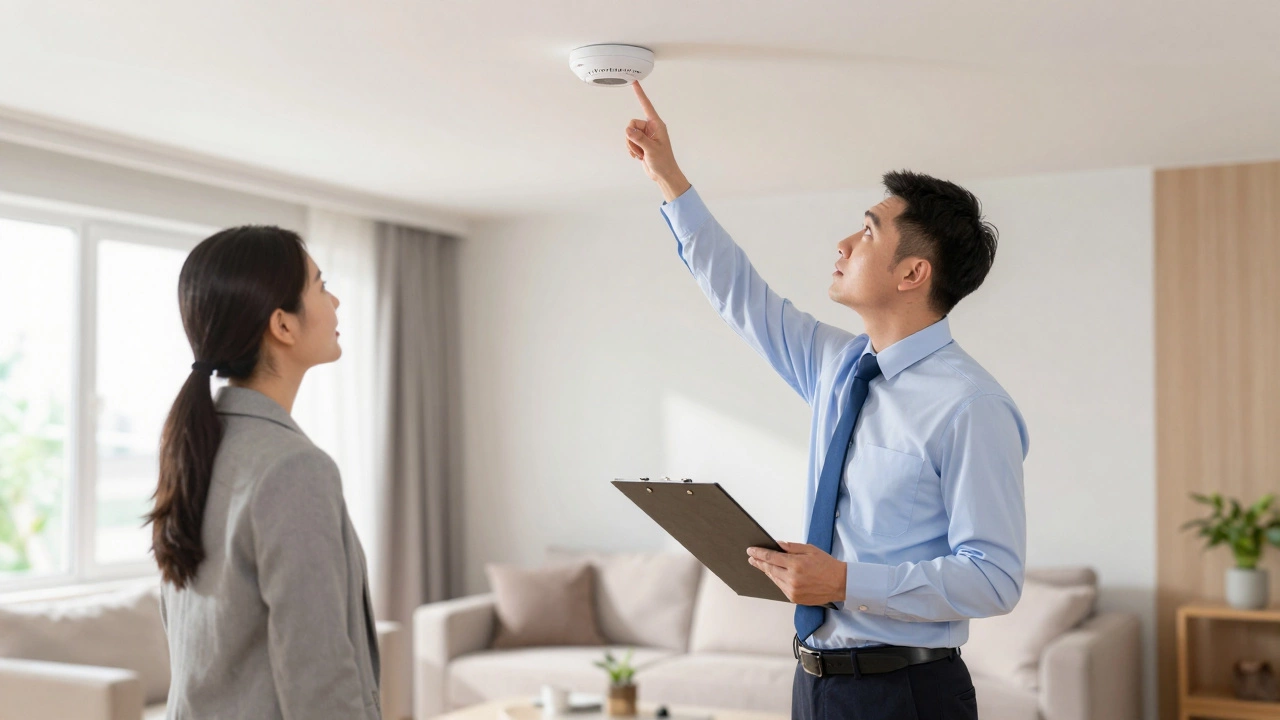 Inspector checking smoke detector in a living room while landlord observes, showing code compliance.
